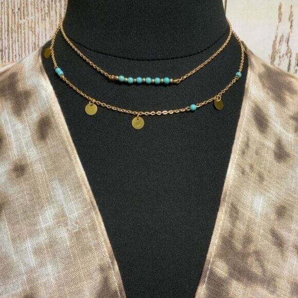 Boho Festival Gold Plated Layered Chain Necklace 17" - Picture 2 of 4